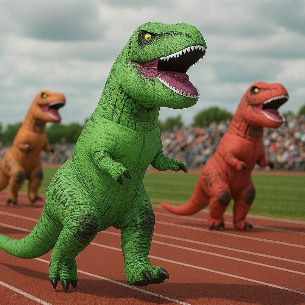 恐竜の着ぐるみを着てマラソンをするイベント